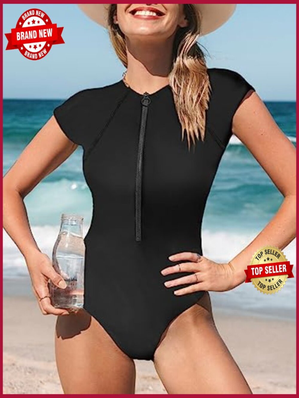 Mock Neck Zip Front Short Sleeve One Piece Swimsuit - Picture 3 of 7
